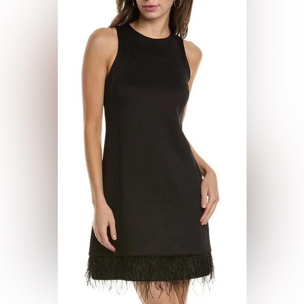 Taylor Scuba Mini-Dress in Black with Feather Fringe Size 16